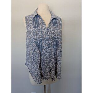Caffe Maraah Blue & White Floral Pintuck Sleeveless Blouse XL Cottagecore